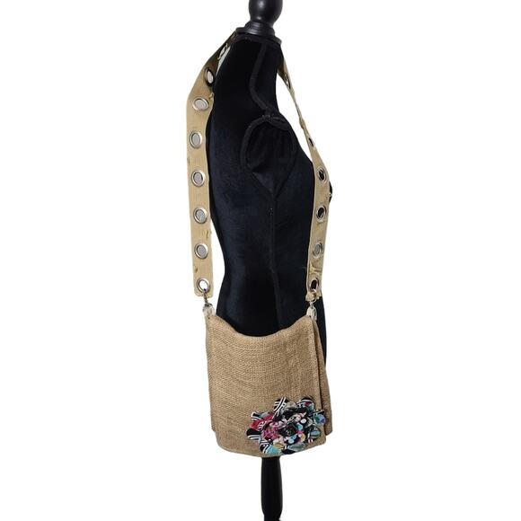 The Frayed Flower Handbags - Burlap Wide Crossbody Silver Tone Grommets  Large Fabric Flower Purse Bag Boho